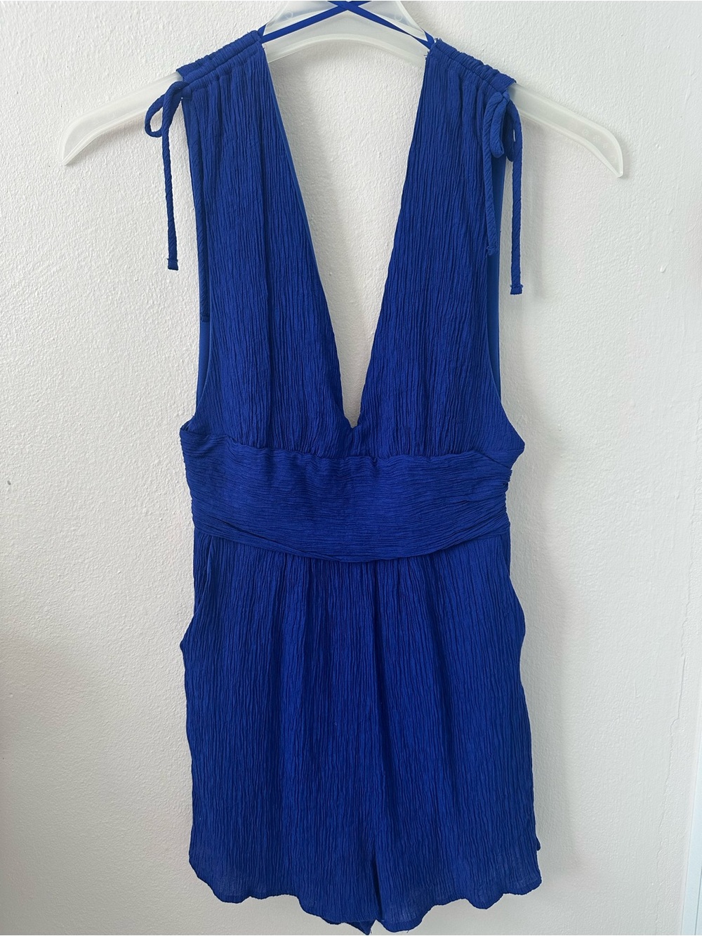 one clothing Cobalt Blue Crinkle Deep V Tie-Shoulder Romper
